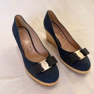 Salvatore Ferragamo Navy Espadrille Wedges with Bow